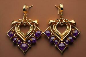 AI generated Earrings made of gold on a solid color background close up. ai generative photo