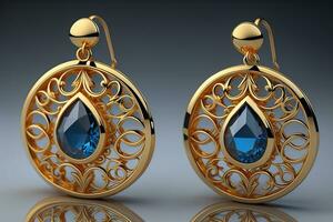 AI generated Earrings made of gold on a solid color background close up. ai generative photo