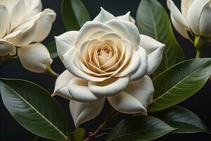 AI generated White rose with green leaves on a solid color background, top view. ai generative photo