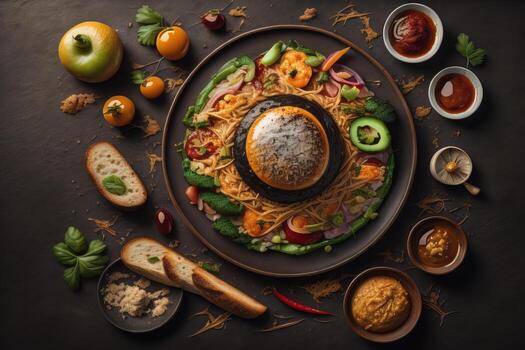 AI generated Homemade hamburger with fresh vegetables and spices on dark wooden background. ai generative photo