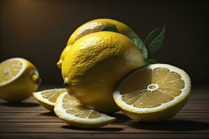 AI generated Lemons with leaves on a wooden table. ai generative photo