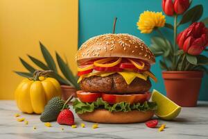 AI generated Hamburger with fresh vegetables on white marble table and colorful background. generative ai photo