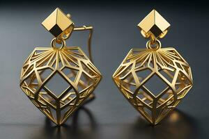 AI generated Earrings made of gold on a solid color background close up. ai generative photo