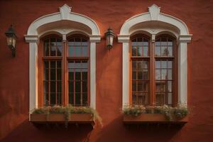 AI generated Two windows on a red wall in the old town. generative ai photo