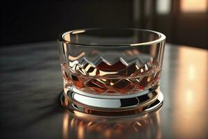 AI generated Empty glossy transparent ashtray on a dark background. ai generative photo