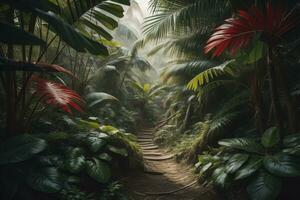 AI generated A pathway in tropical rainforest with palm trees and path in the mist. ai generative photo