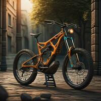 AI generated a modern mountain bike in the city at sunset. generative ai photo