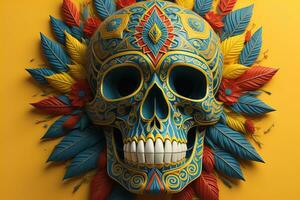 AI generated Mexican skull with colorful feathers on yellow background. generative ai photo