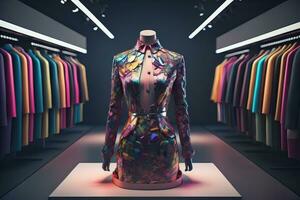 ai generado futurista Moda maniquí en el almacenar. ai generativo foto