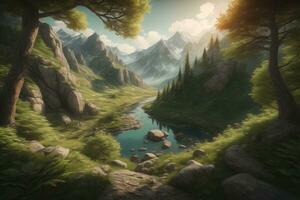 AI generated Beautiful fantasy landscape with a river in the mountains. ai generative photo