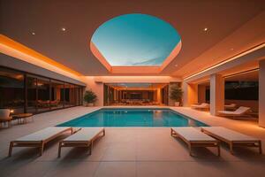 AI generated Luxury swimming pool in a villa at night. generative ai photo