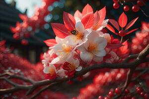 ai generado Cereza florecer sakura flor en azul cielo fondo, ai generativo foto