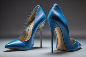AI generated Blue high heel shoes on a gray background. Studio shot. generative ai photo