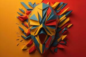 AI generated colorful origami human face made of paper on orange background. generative ai photo