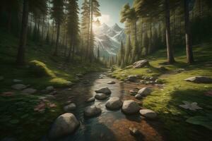 AI generated Beautiful fantasy landscape with a river in the mountains. ai generative photo