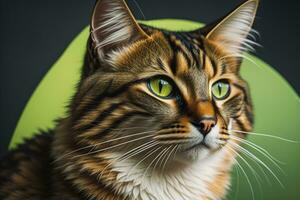 AI generated Portrait of a Maine Coon cat with green eyes on a green background. generative ai photo