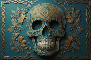 AI generated Skull with golden ornament on blue background. generative ai photo