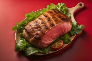 AI generated Raw beef sirloin steak with ingredients for cooking on wooden background. ai generative photo