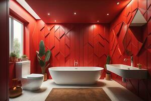 AI generated Interior of modern bathroom with red walls, wooden floor, comfortable white bathtub standing near red wall. generative ai photo