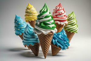 AI generated colorful ice creams in waffle cones on gray background. generative ai photo