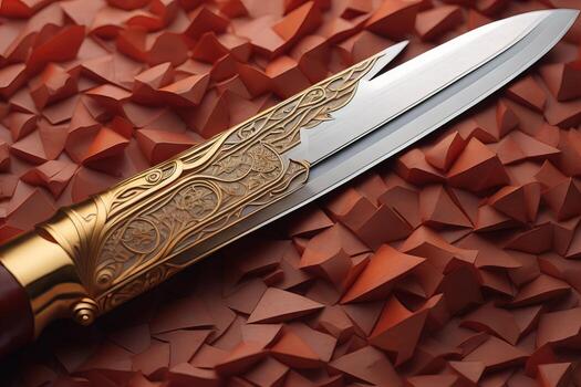 AI generated knife with a pattern on the blade on a background of red paper. generative ai photo