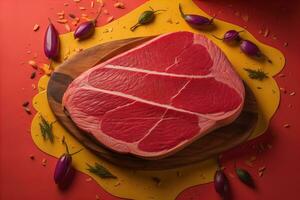 AI generated Raw beef sirloin steak with ingredients for cooking on wooden background. ai generative photo