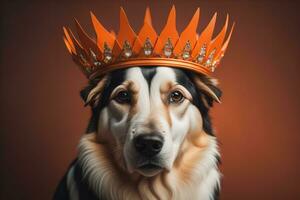 AI generated Portrait of a cute dog in a golden crown on a solid color background. ai generative photo