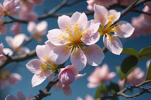 AI generated cherry blossom sakura flower on blue sky background, ai generative photo