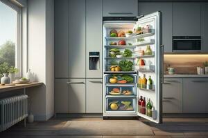 AI generated Open refrigerator with healthy food in the kitchen. generative ai photo