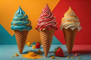AI generated Ice cream in waffle cone on blue background, top view, flat lay. ai generative photo