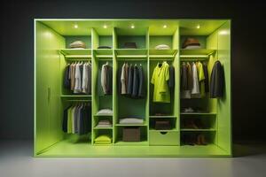 AI generated Bright green wardrobe with clothes on hangers. generative ai photo