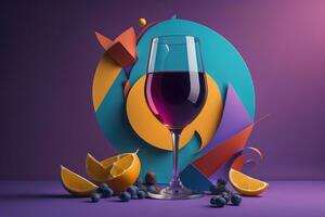 AI generated Glass of red wine with geometric shapes and fruits on purple background. generative ai photo