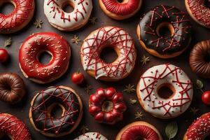 AI generated Variety of donuts on a solid color background. Top view. ai generative photo