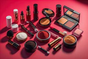 ai generado colección de maquillaje y cosmético belleza productos arreglado en rojo antecedentes. ai generativo foto