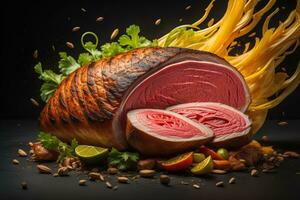 AI generated Sliced smoked duck breast with ingredients on a black background. generative ai photo