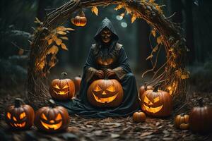 AI generated Halloween pumpkins in the forest at night. Halloween concept. ai generative photo