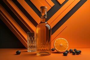 AI generated Bottle of brandy and two glasses on orange background. generative ai photo