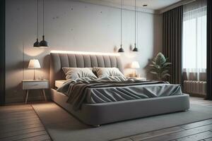 AI generated Interior of modern bedroom with gray walls, wooden floor, comfortable king size bed and two lamps above it. generative ai photo