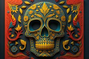 AI generated Day of the dead background with mexican skull. generative ai photo