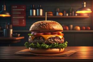 AI generated Big tasty hamburger on wooden table. ai generative photo