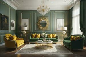 ai generado clásico verde vivo habitación interior con sillones, sofá, café mesa y espejo. generativo ai foto