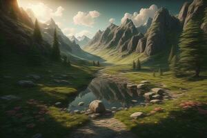 AI generated Fantasy landscape with mountain lake and sky. generative ai photo
