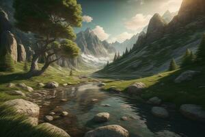 AI generated Fantasy landscape. Mountain lake and pine trees. generative ai photo