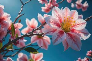 AI generated cherry blossom sakura flower on blue sky background, ai generative photo