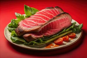 AI generated Raw beef sirloin steak with ingredients for cooking on wooden background. ai generative photo