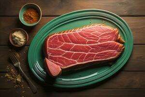 AI generated Raw beef sirloin steak with ingredients for cooking on wooden background. ai generative photo