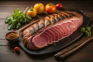 AI generated Raw beef sirloin steak with ingredients for cooking on wooden background. ai generative photo