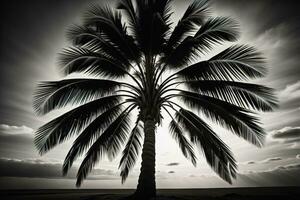 ai generado palma árbol silueta a puesta de sol en el playa, negro y blanco. generativo ai foto