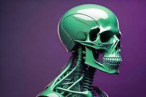 ai generado un verde humano esqueleto aislado en púrpura antecedentes. generativo ai foto