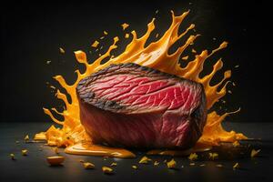 AI generated Sliced roast beef on a black background with orange fire. generative ai photo